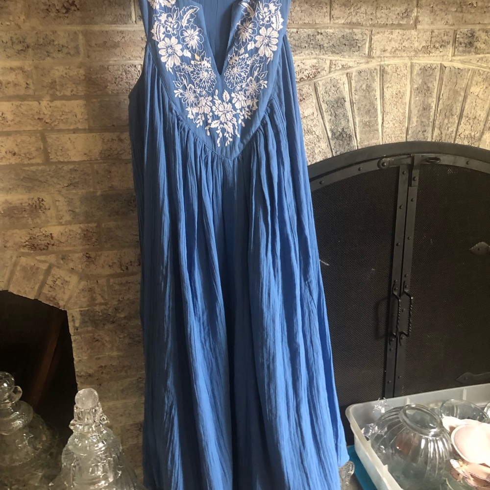 Blue Maxi Dress with White Floral Embroidery